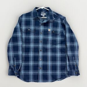 Carhartt Button Up Flannel Shirt Mens Med Blue‎ Plaid Heavyweight Workwear Logo